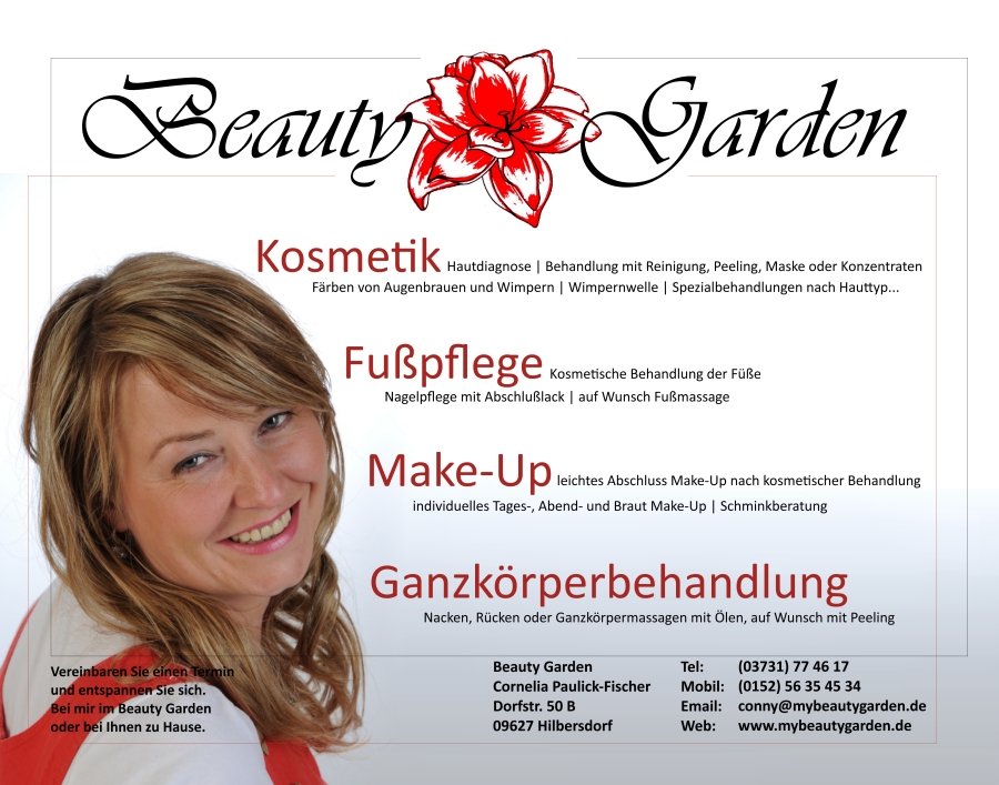 Kosmetik, Fupflege, Make-Up und Ganzkrperbehandlunge im Beautygarden bei Conny Paulick-Fischer oder bei Ihnen zu Hause. Rufen Sie an und vereinbaren Sie einen Termin